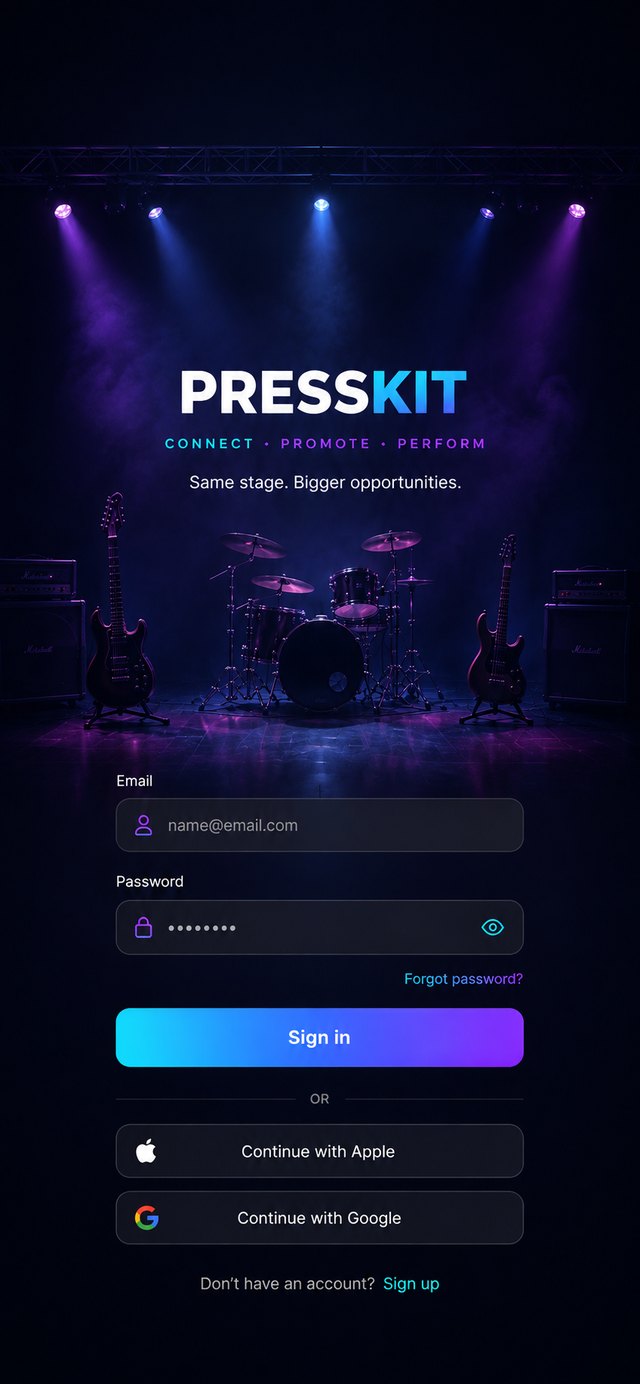 PressKit app sign-in screen: the PressKit logo over a stage lit by purple and blue spotlights, with the tagline Same stage. Bigger opportunities. and email sign-in fields.